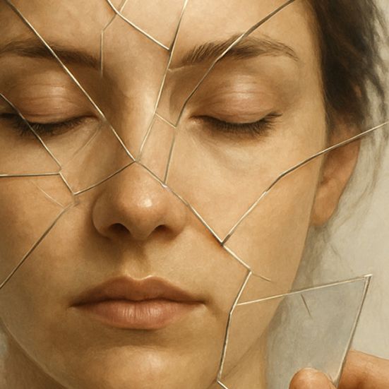 Ung kvinde med lukkede øjne og et splintret glas foran ansigtet