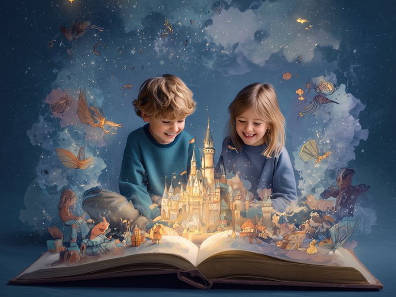 Dreng og pige sidder ved en stor bog, hvor et eventyrslot og -figurer stiger op fra