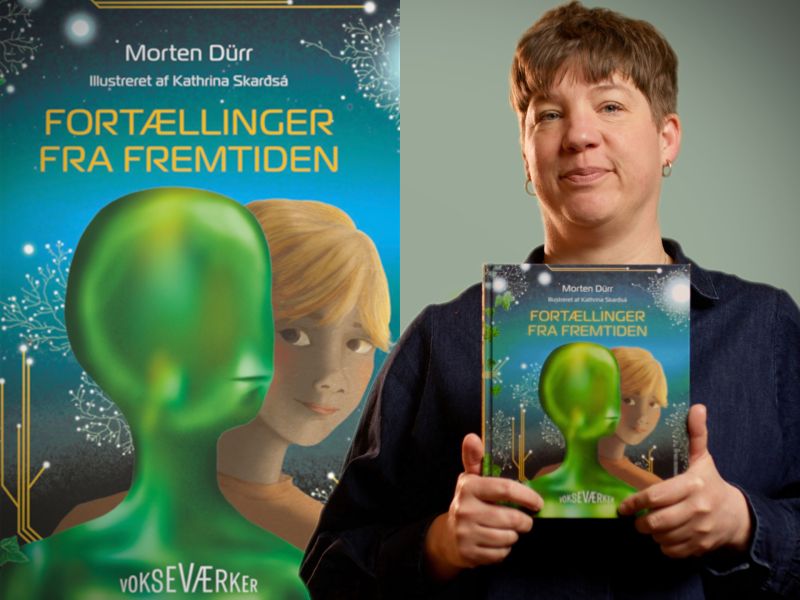 Bibliotekets litteraturformidler Louise anbefaler holder bogen "Fortællinger fra fremtiden"