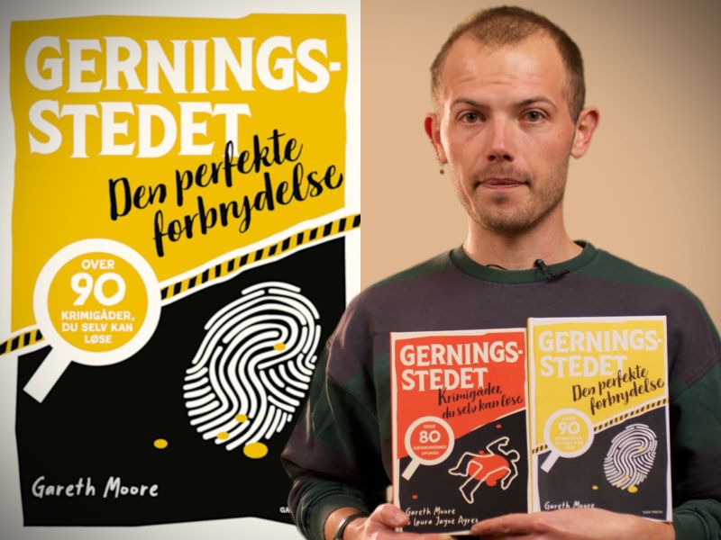 Bibliotekets litteraturformidler Stinus holder Gerningsstedet-bøgerne