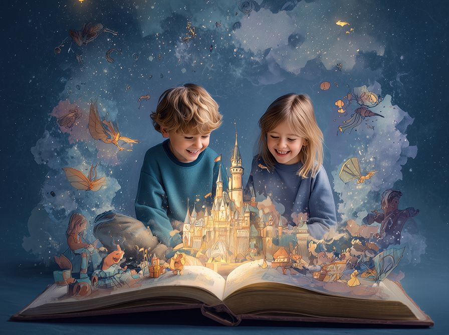 Dreng og pige sidder ved en stor bog, hvor et eventyrslot og -figurer stiger op fra